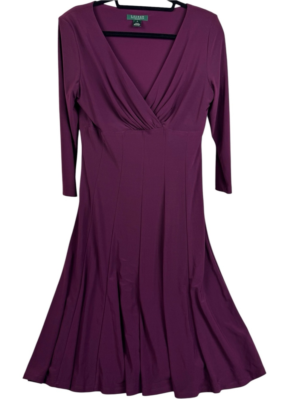 Lauren Ralph Lauren Elegant Plum V-Neck 3/4 sleeve Dress sz 12
